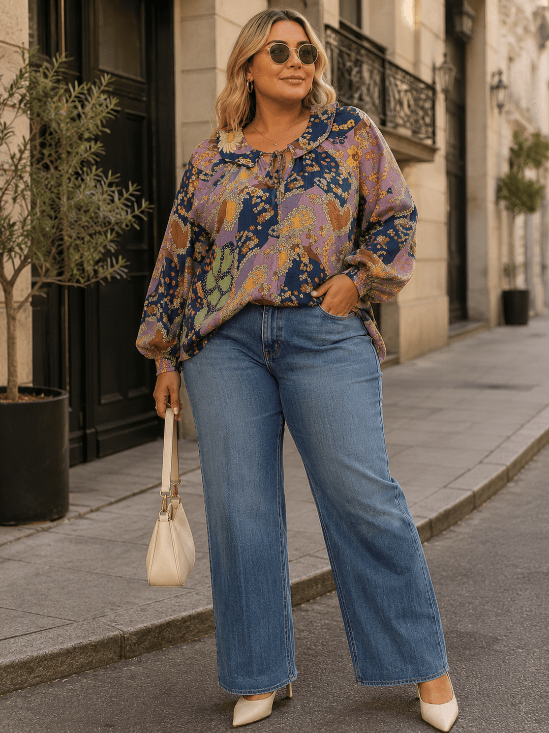 PLUS SIZE LONG SLEEVE BUTTON UP FLORAL PRINT TOP