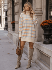 WOMEN'S LONG SLEEVE TURTLE NECK COLORBLOCK SWEATER MINI DRESS