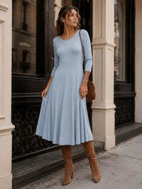WOMEN'S 3/4 SLEEVE FIT & FLARE SOLID MIDI DRESS
