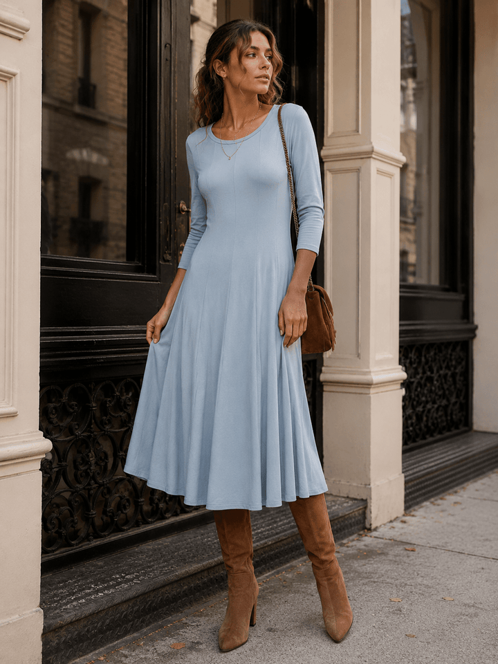 WOMEN'S 3/4 SLEEVE FIT & FLARE SOLID MIDI DRESS
