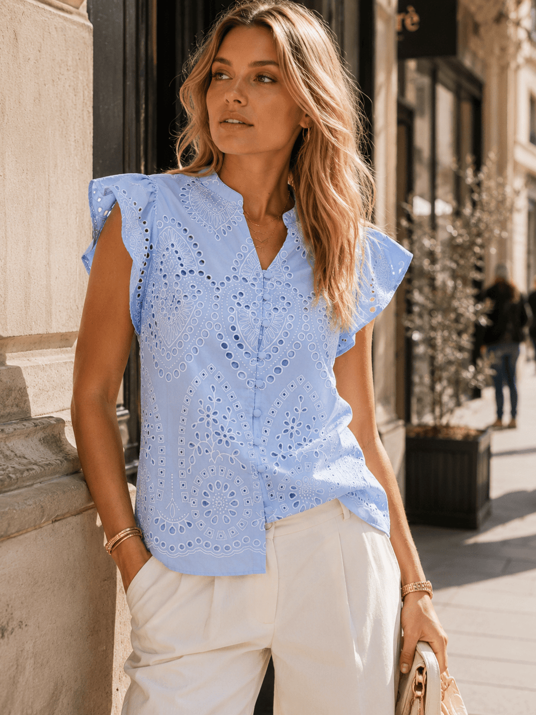 WOMEN'S SHORT SLEEVE BUTTON UP EYELET DETAILED BLOUSE