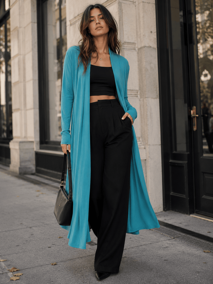 WOMEN'S LONG SLEEVE OPEN FRONT SELF TIE SOLID CARDIGAN