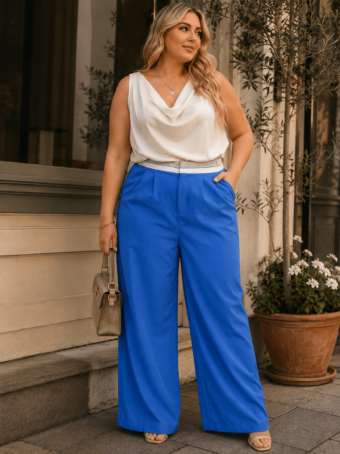 PLUS SIZE BUTTON CLOSURE ELASTIC WAISTBAND POCKETS WIDE LEG SOLID PANTS