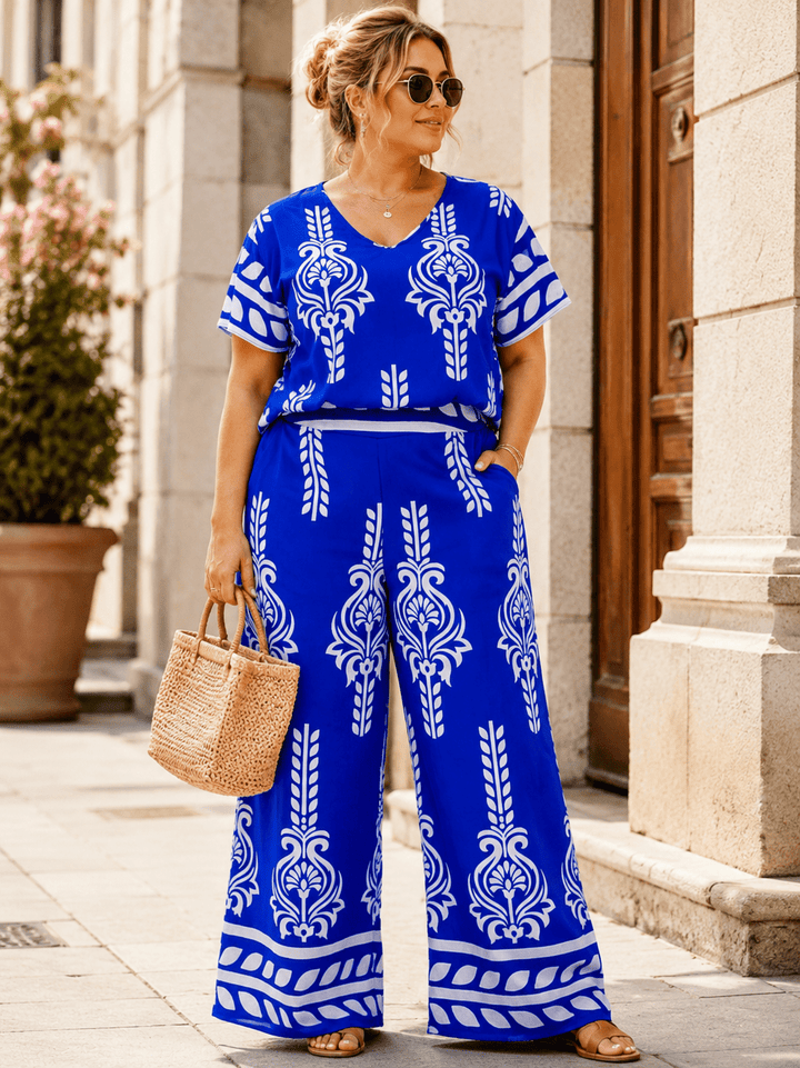 PLUS SIZE SHORT SLEEVE V-NECK BLOUSE & ELASTIC WAIST POCKETS PANTS MULTI PRINT 2PC. SET