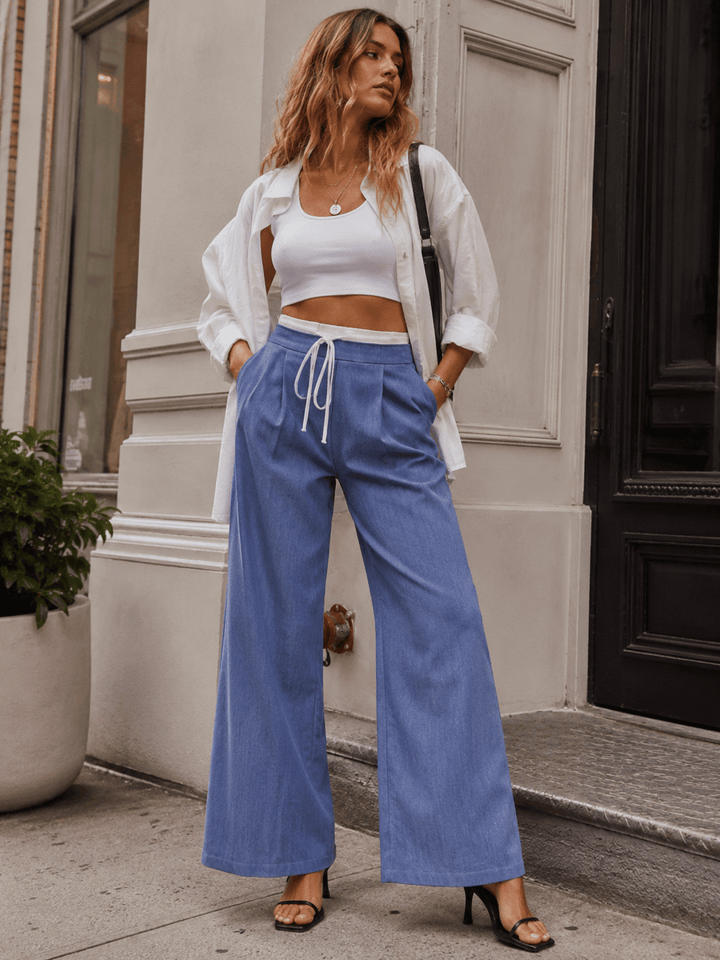 WOMEN'S ELASTIC WAIST SELF TIE FRONT POCKETS STRAIGHT LEGS PANTS