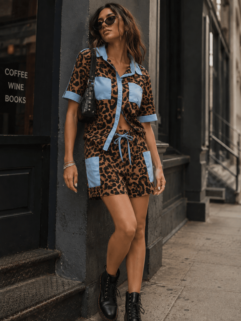 WOMEN'S SHORT SLEEVES BUTTON UP TOP & ELASTIC WAIST POCKETS SHORTS ANIMAL PRINT 2PC. SET