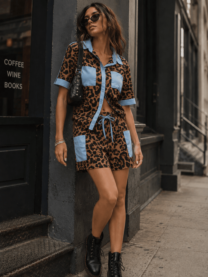 WOMEN'S SHORT SLEEVES BUTTON UP TOP & ELASTIC WAIST POCKETS SHORTS ANIMAL PRINT 2PC. SET