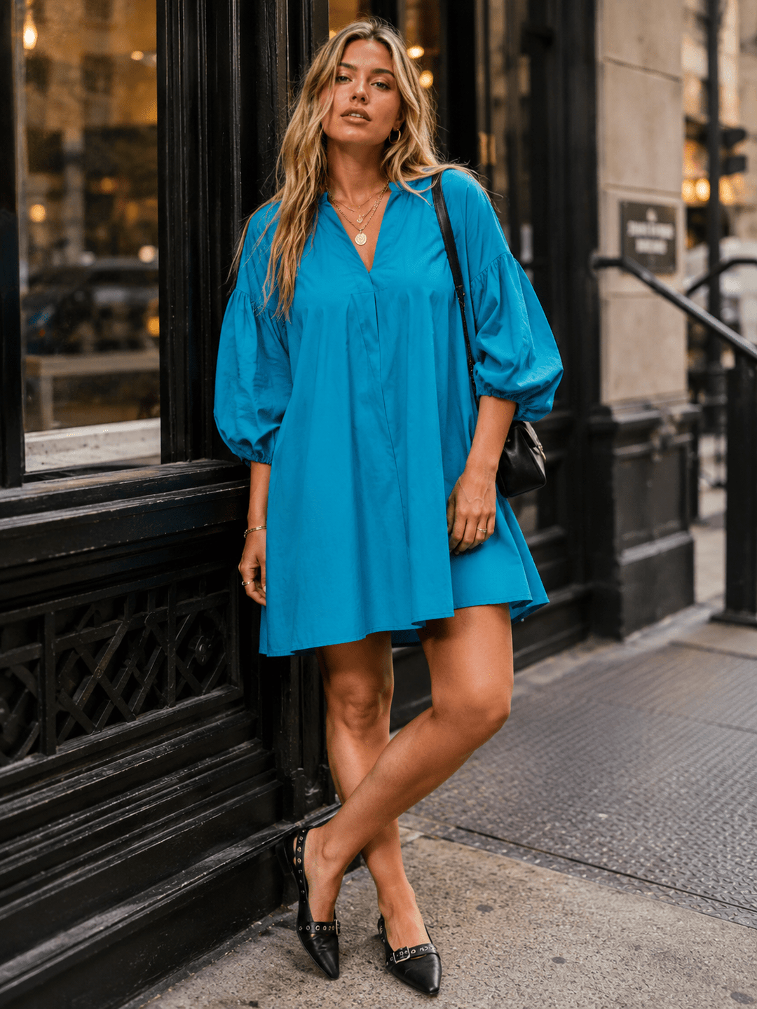 WOMEN'S SHORT PUFF SLEEVE V-NECK FRONT POCKETS TUNIC LOOSE FIT MINI DRESS