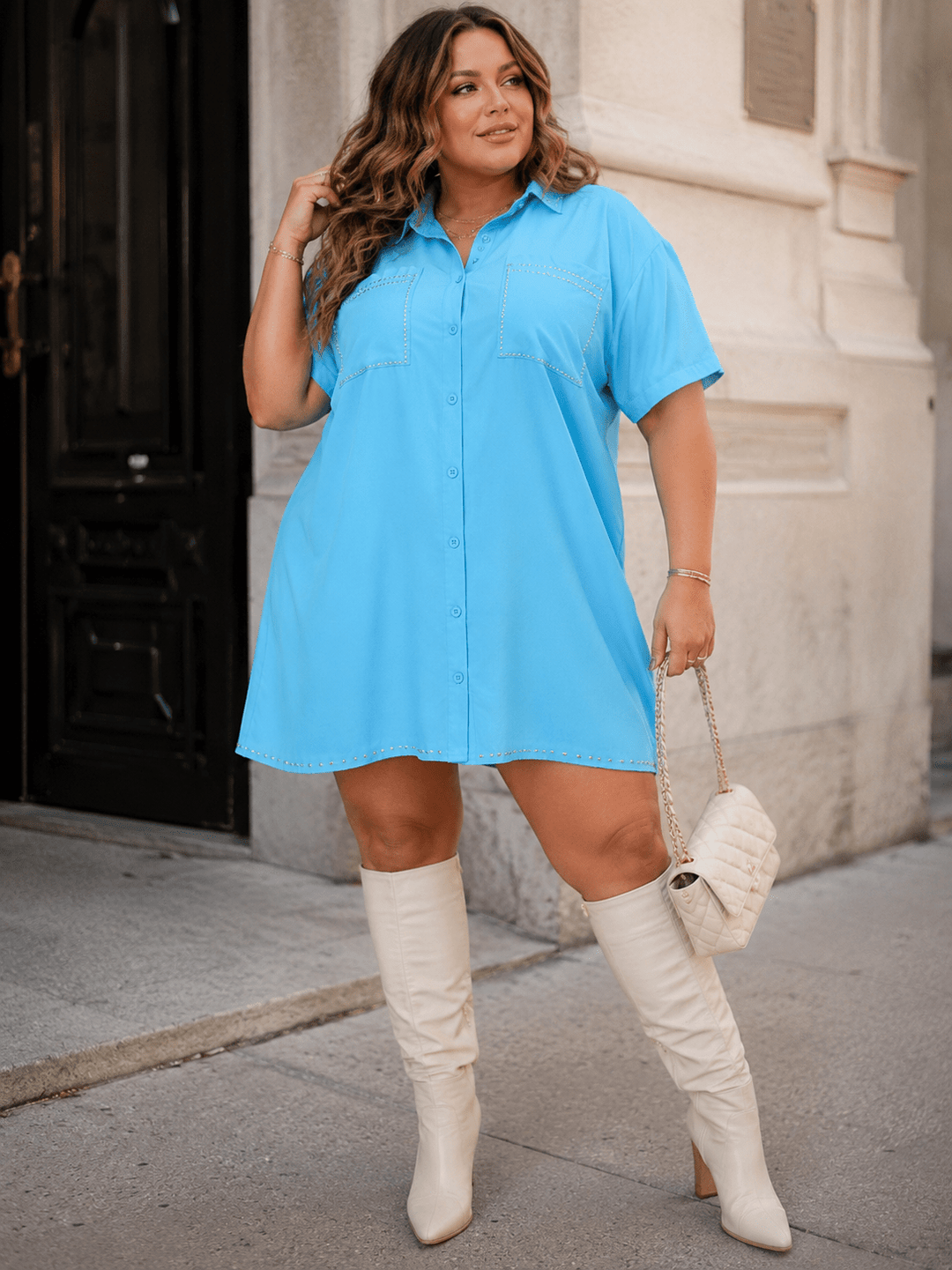 PLUS SIZE SHORT SLEEVE BUTTON UP FRONT POCKETS STUDS DETAILED LOOSE FIT MINI DRESS