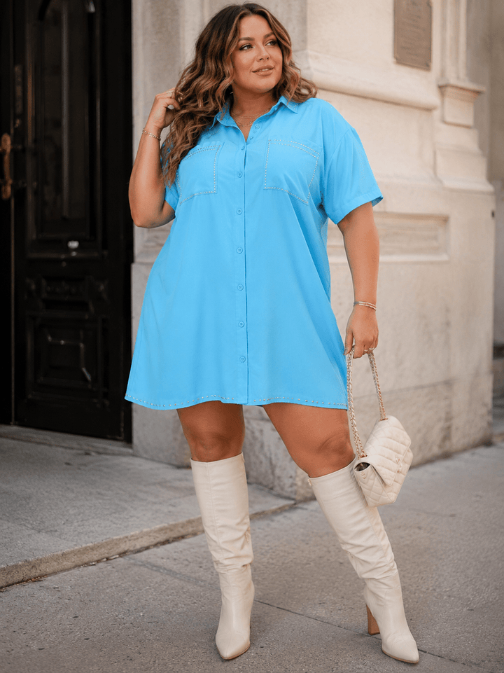 PLUS SIZE SHORT SLEEVE BUTTON UP FRONT POCKETS STUDS DETAILED LOOSE FIT MINI DRESS