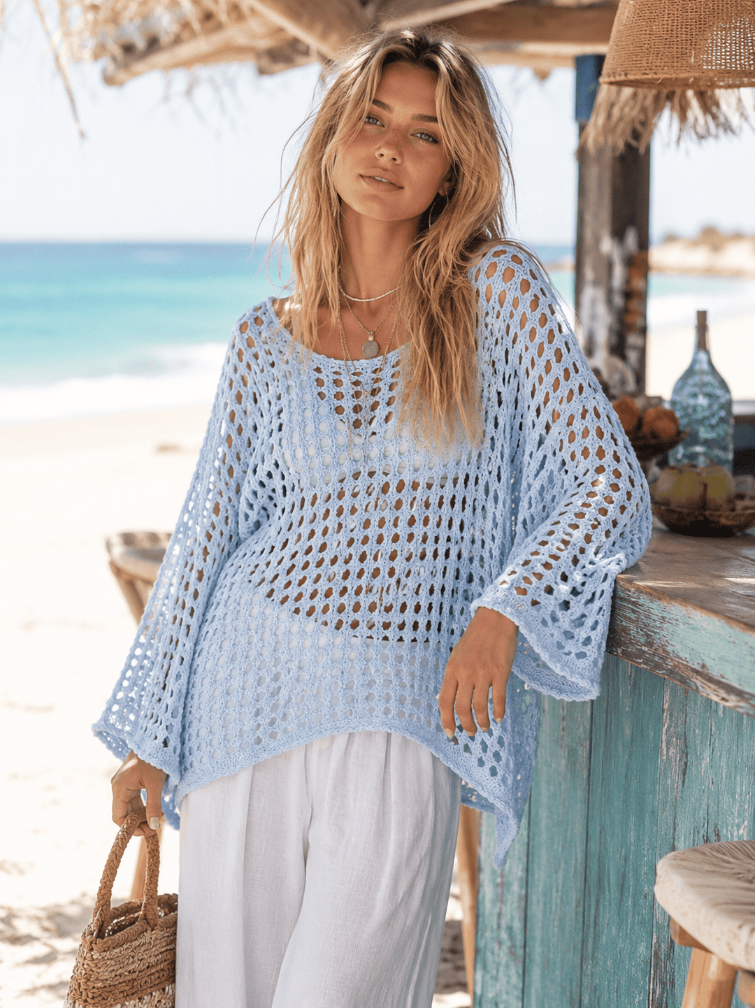 WOMEN'S LONG SLEEVE KNIT PULLOVER COVER UP TOP