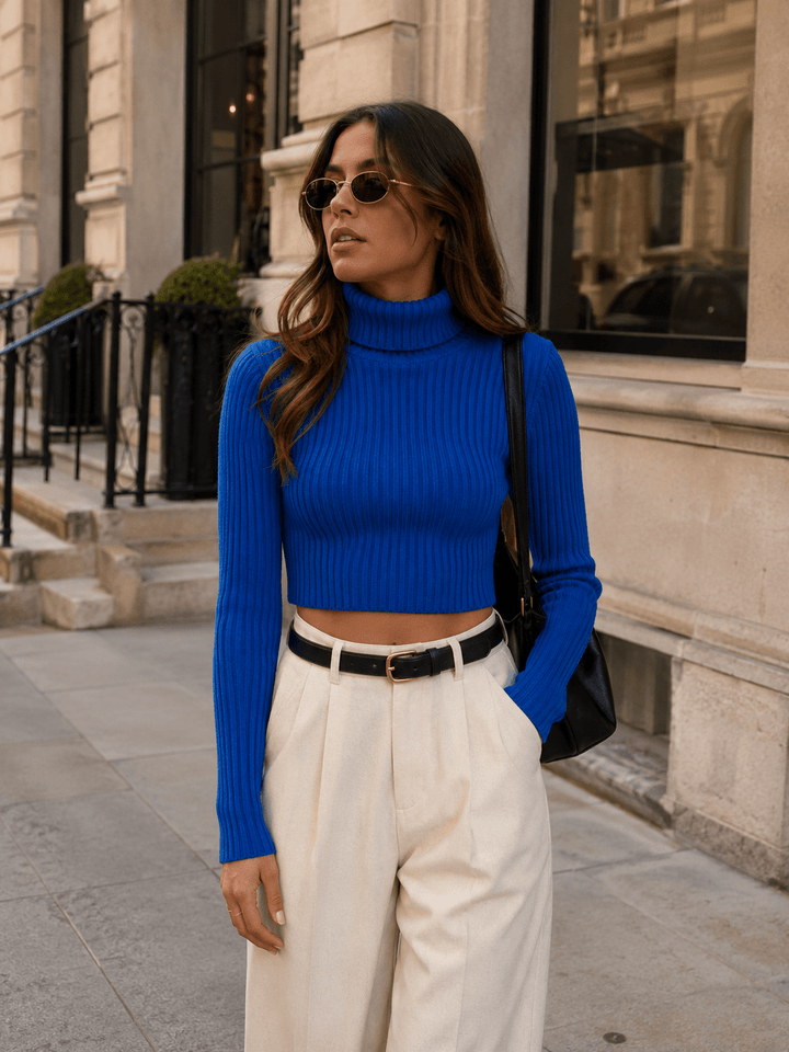WOMEN'S LONG SLEEVE TURTLE NECK RIBBED CROP TOP