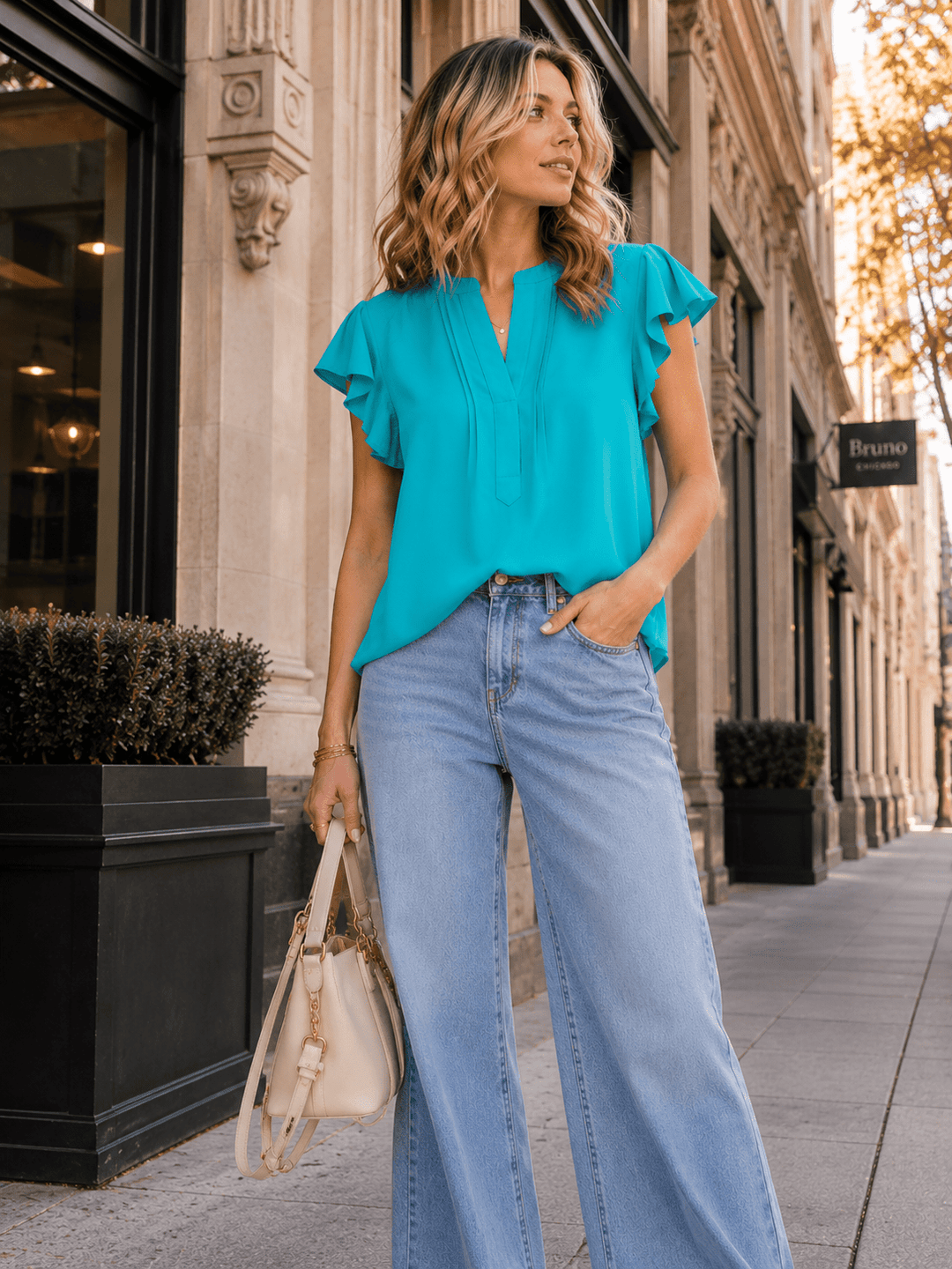 WOMEN'S SHORT RUFFLE SLEEVE V-NECK DETAILED BLOUSE