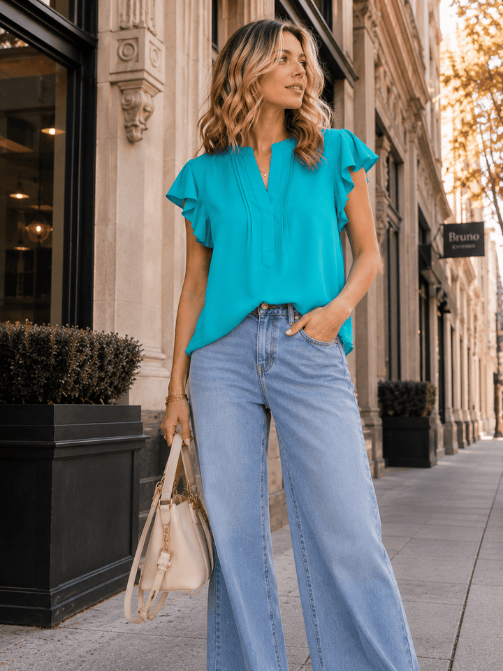 WOMEN'S SHORT RUFFLE SLEEVE V-NECK DETAILED BLOUSE