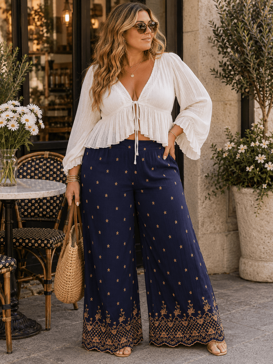 PLUS SIZE ELASTIC WAIST FRONT POCKETS EMBROIDERY WIDE LEG PANTS