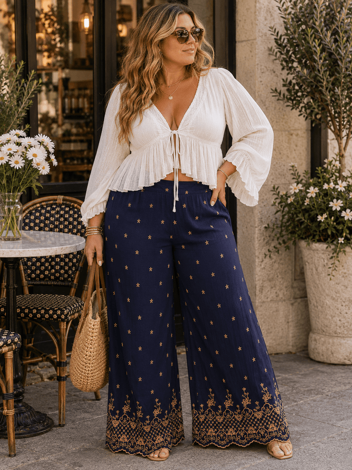 PLUS SIZE ELASTIC WAIST FRONT POCKETS EMBROIDERY WIDE LEG PANTS