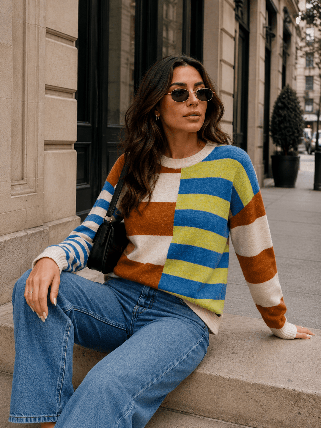 WOMEN'S LONG SLEEVE COLORBLOCK STRIPES PULLOVER SWEATER