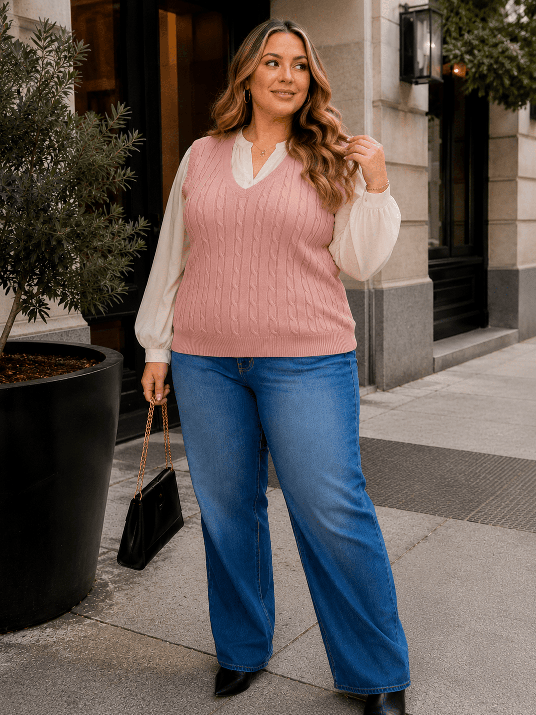 PLUS SIZE SLEEVELESS V-NECK CABLE KNIT SWEATER VEST