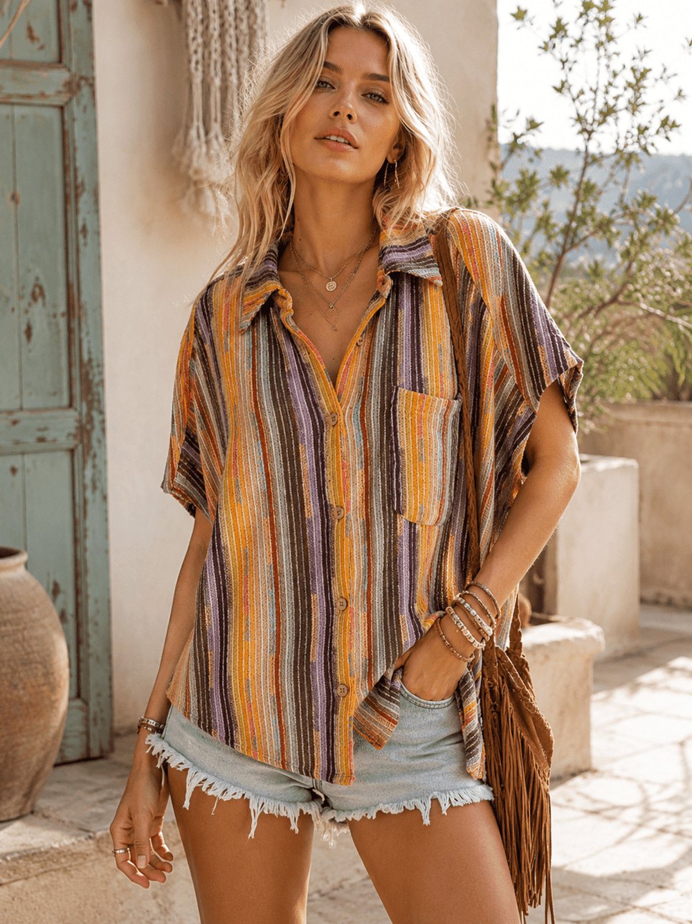 WOMEN'S SHORT SLEEVE V-NECK BUTTON UP FRONT POCKET MULTI KNIT BLOUSE