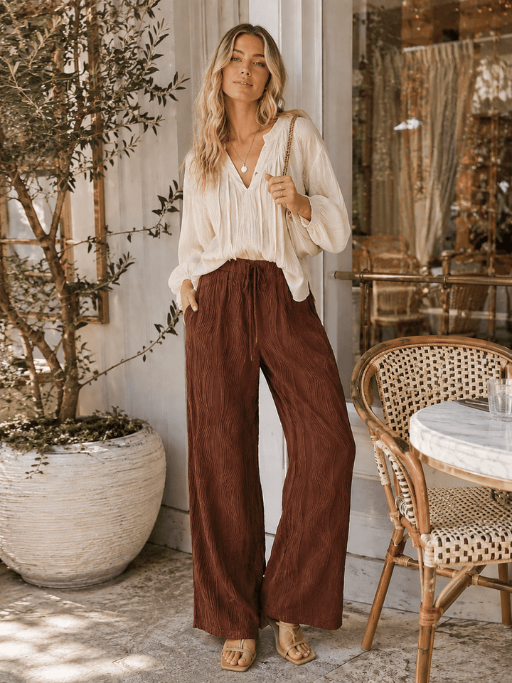 WOMEN'S ELASTIC WAIST FRONT POCKET WIDE LEG DETAILED PANTS