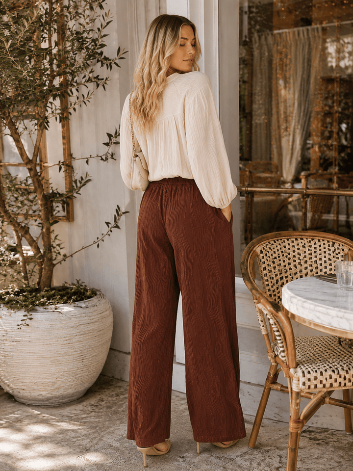 WOMEN'S ELASTIC WAIST FRONT POCKET WIDE LEG DETAILED PANTS