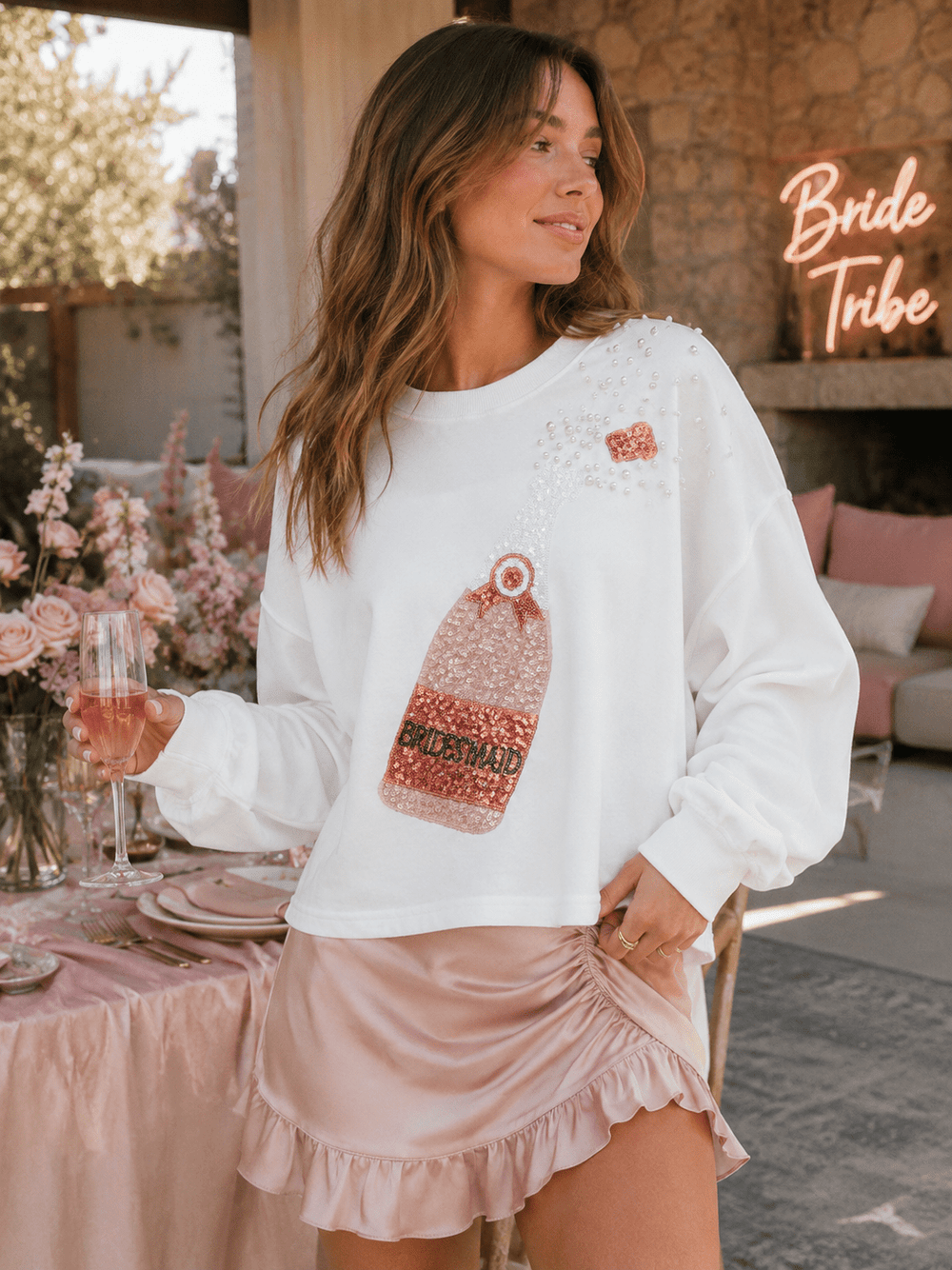 WOMEN'S LONG SLEEVE PEARL SEQUINS GRAPHIC TOP