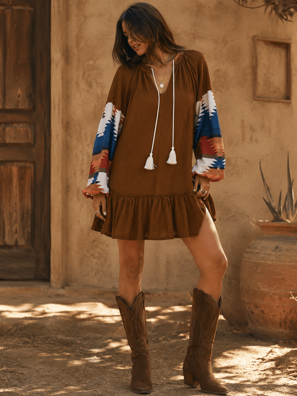 WOMEN'S LONG PRINT SLEEVE V-NECK LOOSE FIT MINI DRESS