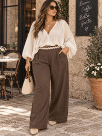 PLUS SIZE BUTTON CLOSURE ELASTIC DETAILED WAIST FRONT POCKETS WIDE LEG PANTS