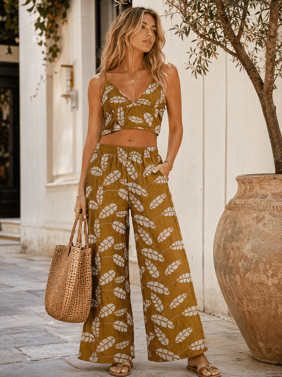 WOMEN'S SLEEVELESS V-NECK SMOCK CROP TOP & ELASTIC WAIST POCKETS STRAIGHT LEG PANTS LEAF CROCHET 2PC. SET