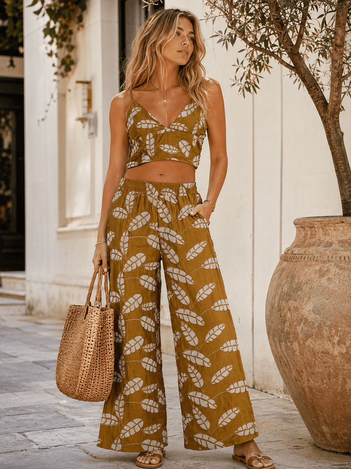 WOMEN'S SLEEVELESS V-NECK SMOCK CROP TOP & ELASTIC WAIST POCKETS STRAIGHT LEG PANTS LEAF CROCHET 2PC. SET