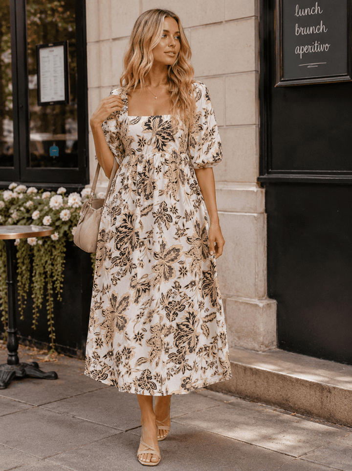 WOMEN'S SHORT SLEEVE SQUARE NECK SMOCK FLORAL MAXI DRESS