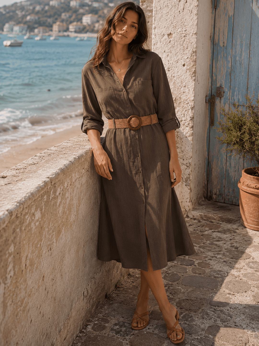 WOMEN'S LONG SLEEVE BUTTON UP BELTED FRONT POCKETS LINEN MIDI DRESS