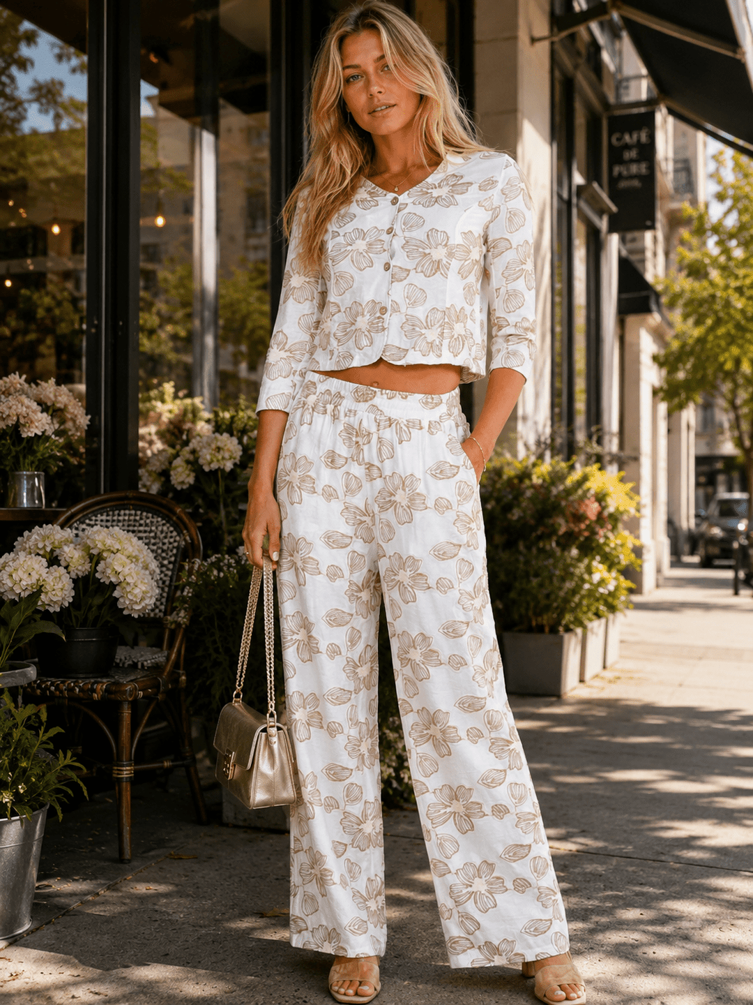 WOMEN'S 3/4 SLEEVES BUTTON UP BLOUSE & ELASTIC WAIST POCKETS STRAIGHT LEG PANTS FLORAL STITCHED 2PC. SET