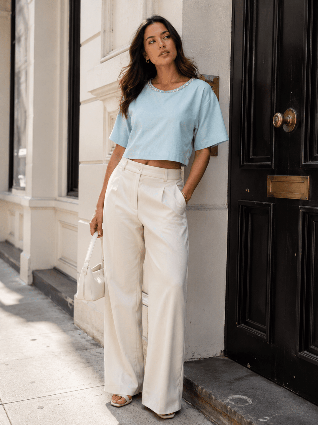 WOMEN'S SHORT SLEEVE STUDS NECK TRIM BACK BUTTON UP LINEN BLOUSE