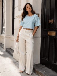 WOMEN'S SHORT SLEEVE STUDS NECK TRIM BACK BUTTON UP LINEN BLOUSE