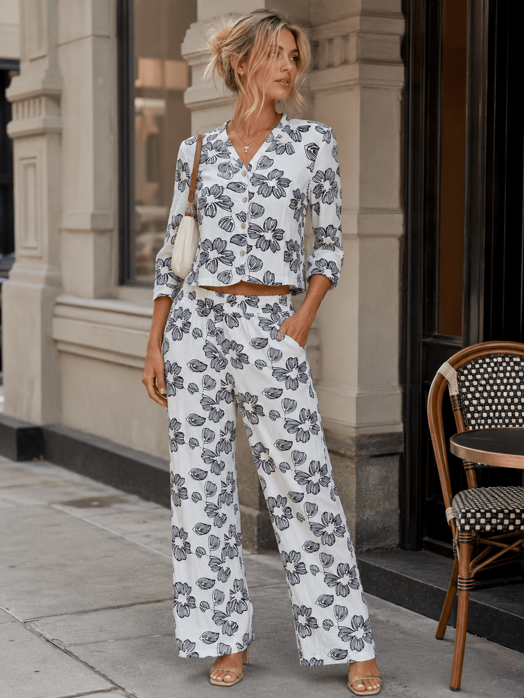 WOMEN'S 3/4 SLEEVES BUTTON UP BLOUSE & ELASTIC WAIST POCKETS STRAIGHT LEG PANTS FLORAL STITCHED 2PC. SET