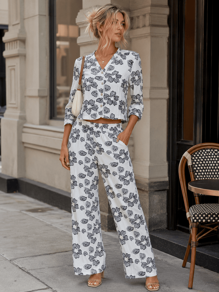 WOMEN'S 3/4 SLEEVES BUTTON UP BLOUSE & ELASTIC WAIST POCKETS STRAIGHT LEG PANTS FLORAL STITCHED 2PC. SET