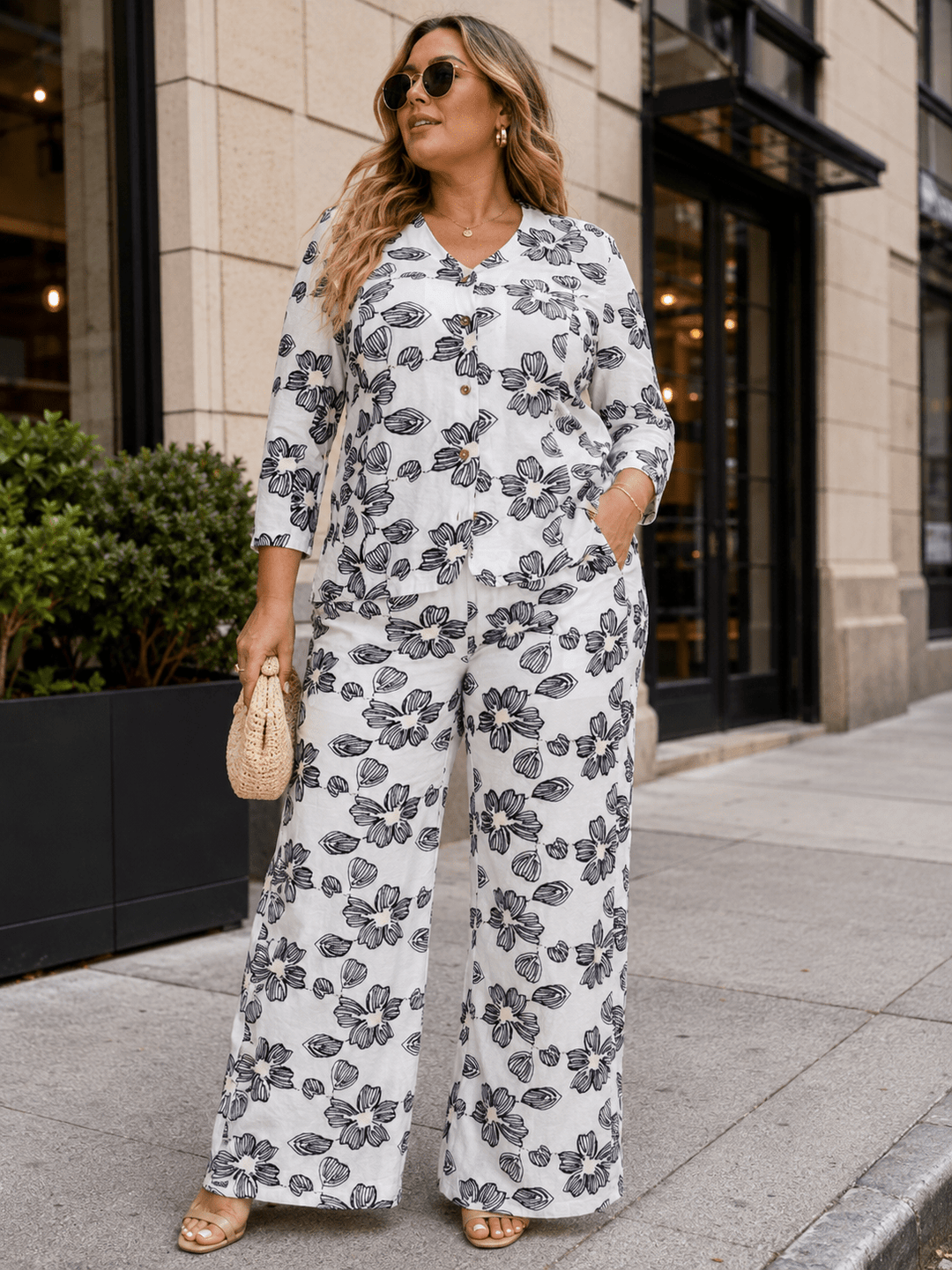 PLUS SIZE 3/4 SLEEVE BUTTON UP BLOUSE & ELASTIC WAIST POCKETS PANTS FLORAL EMBROIDERY 2PC. SET