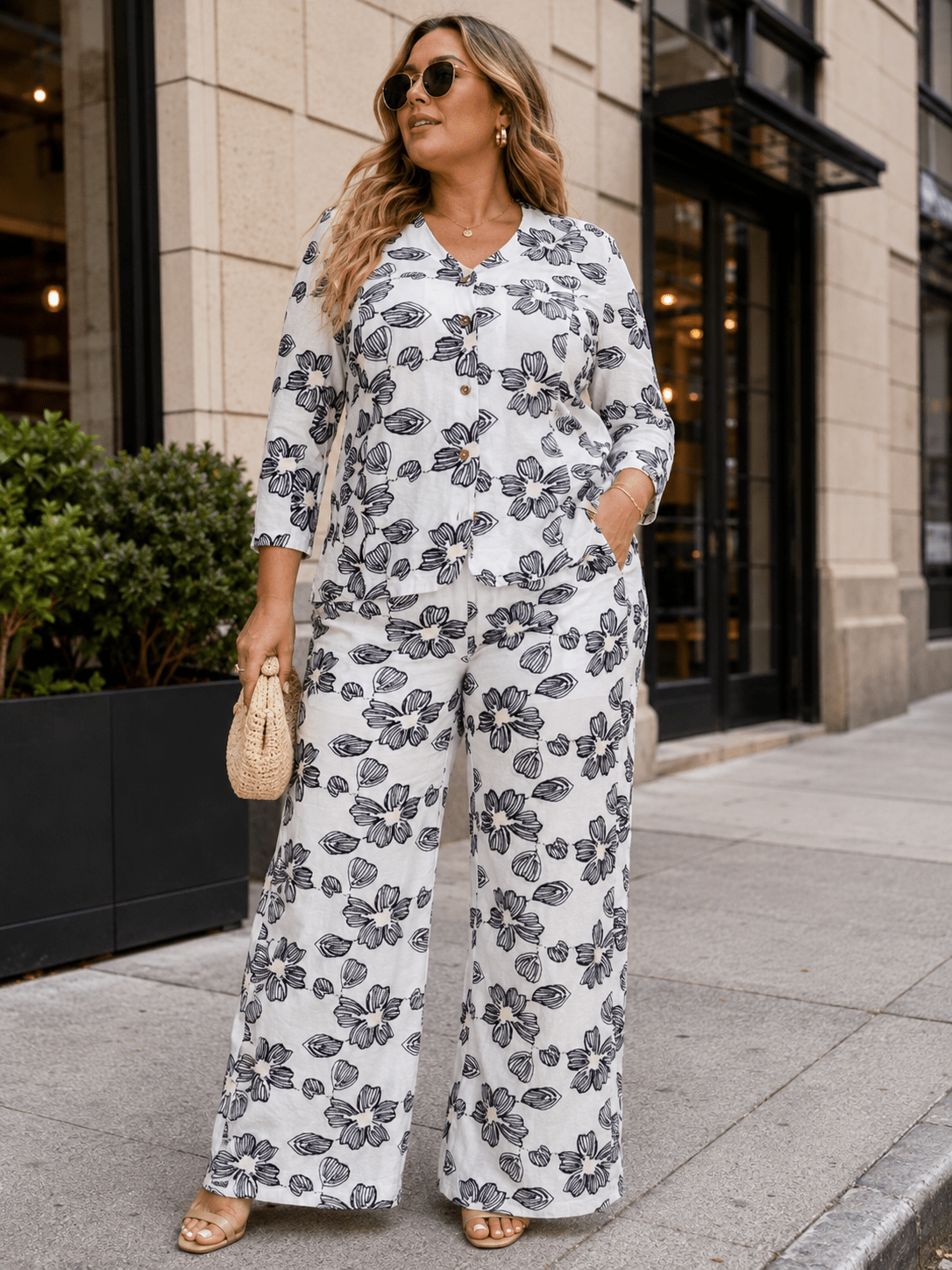 PLUS SIZE 3/4 SLEEVE BUTTON UP BLOUSE & ELASTIC WAIST POCKETS PANTS FLORAL EMBROIDERY 2PC. SET
