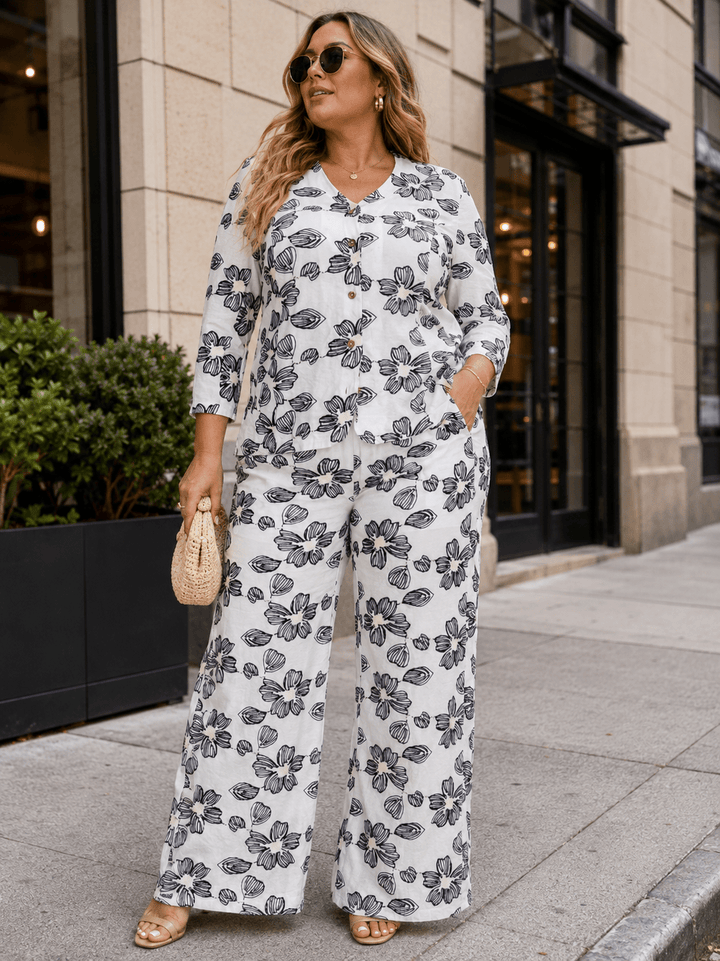PLUS SIZE 3/4 SLEEVE BUTTON UP BLOUSE & ELASTIC WAIST POCKETS PANTS FLORAL EMBROIDERY 2PC. SET