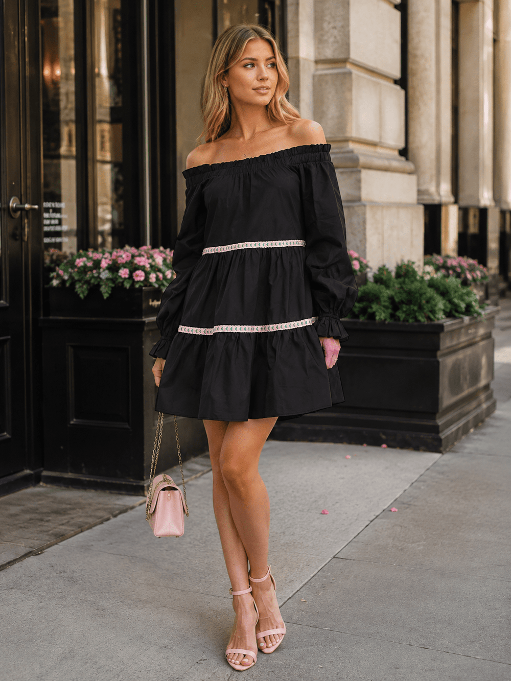 WOMEN'S LONG SLEEVE OFF SHOULDER TRIM DETAILED TIERED MINI DRESS