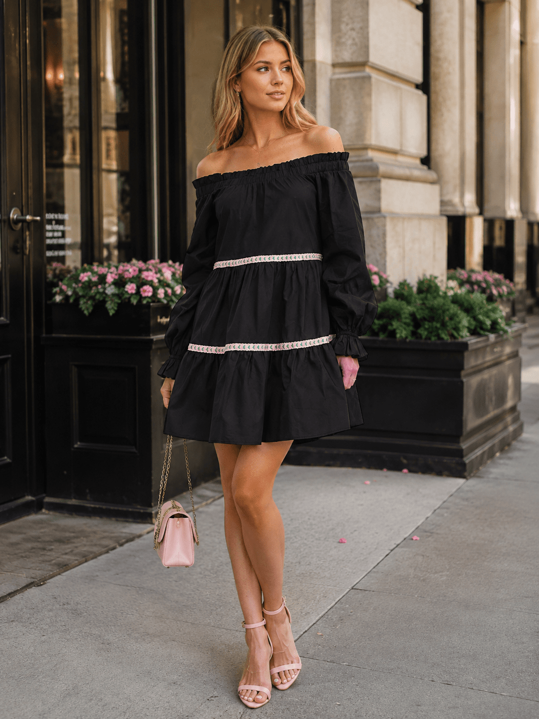 WOMEN'S LONG SLEEVE OFF SHOULDER TRIM DETAILED TIERED MINI DRESS