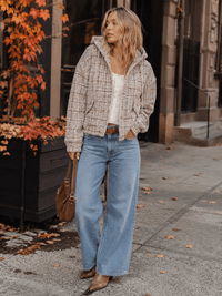 WOMEN'S LONG SLEEVE ZIP UP HOODED TWEED JACKET