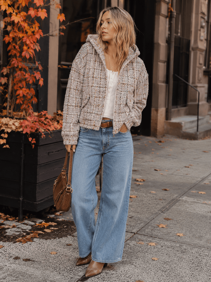 WOMEN'S LONG SLEEVE ZIP UP HOODED TWEED JACKET
