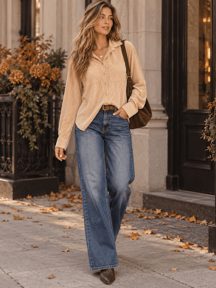 WOMEN'S LONG SLEEVE BUTTON UP FRONT POCKETS HIGH-LOW RIBBED BLOUSE