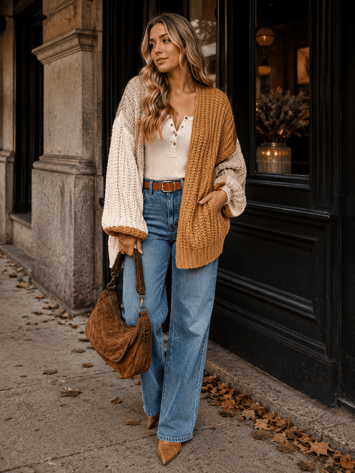 WOMEN'S LONG SLEEVE OPEN FRONT COLORBLOCK KNIT CARDIGAN