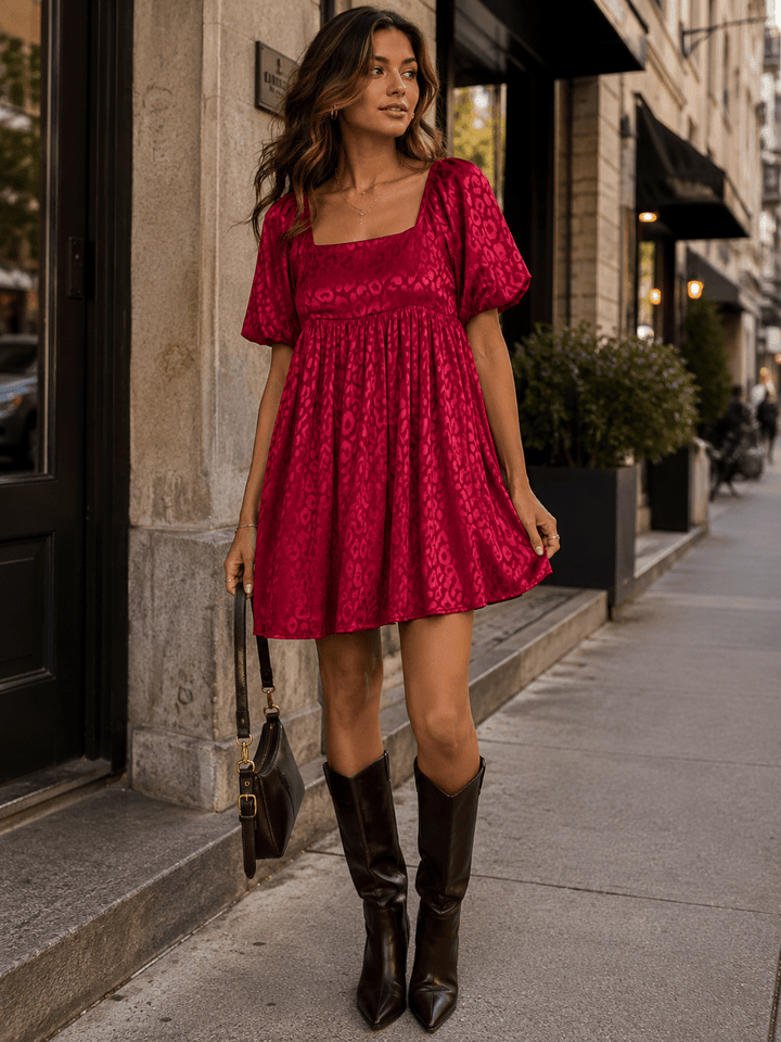 WOMEN'S SHORT PUFF SLEEVE SQUARE NECK FIT & FLARE MINI DRESS
