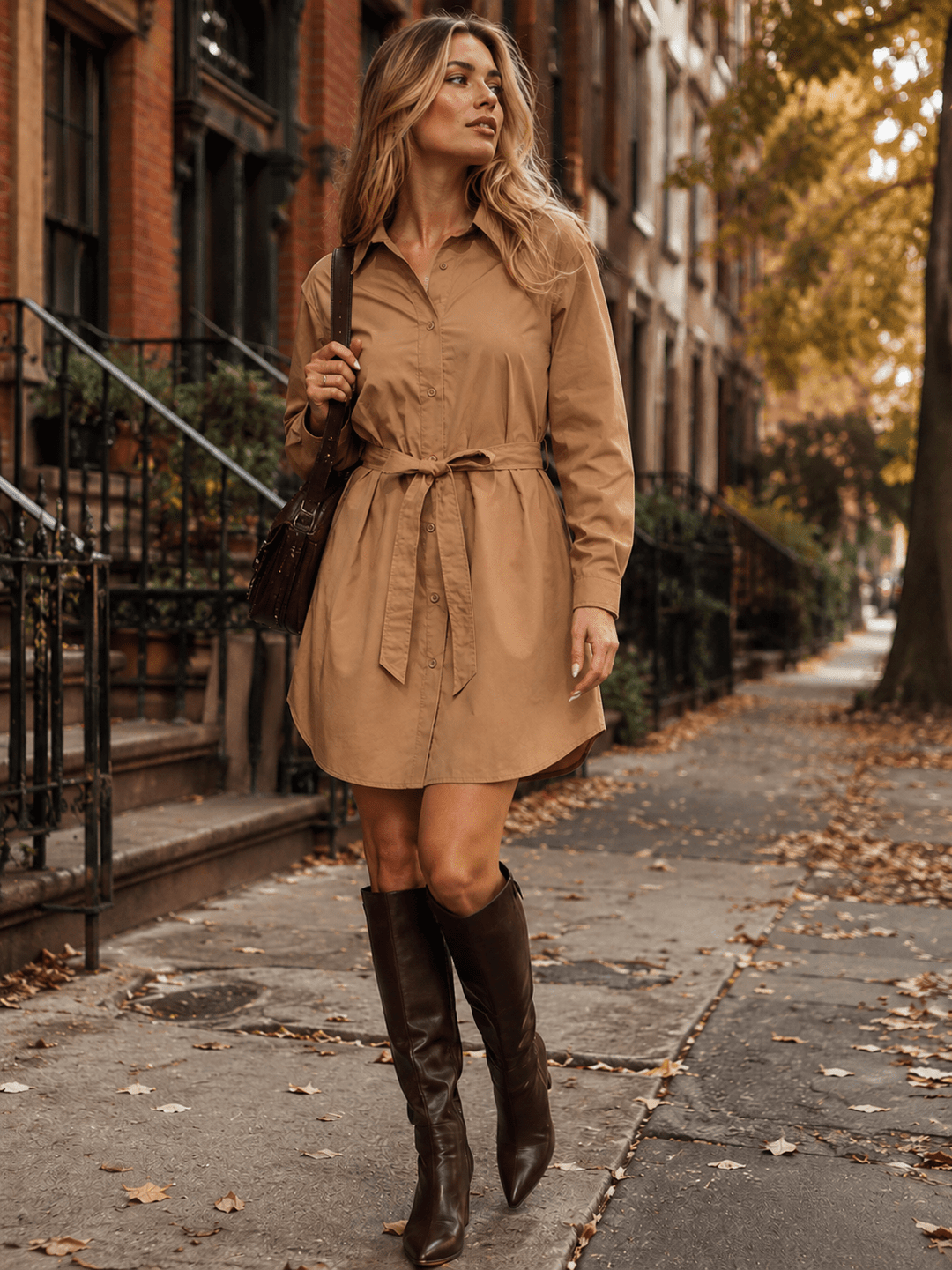 WOMEN'S LONG SLEEVE BUTTON UP SELF TIE MINI DRESS