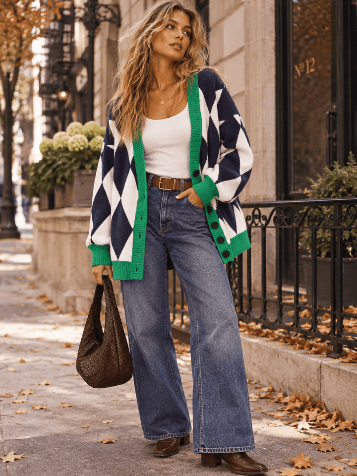 WOMEN'S LONG SLEEVE BUTTON CLOSURE PRINTED KNIT OVERSIZED CARDIGAN