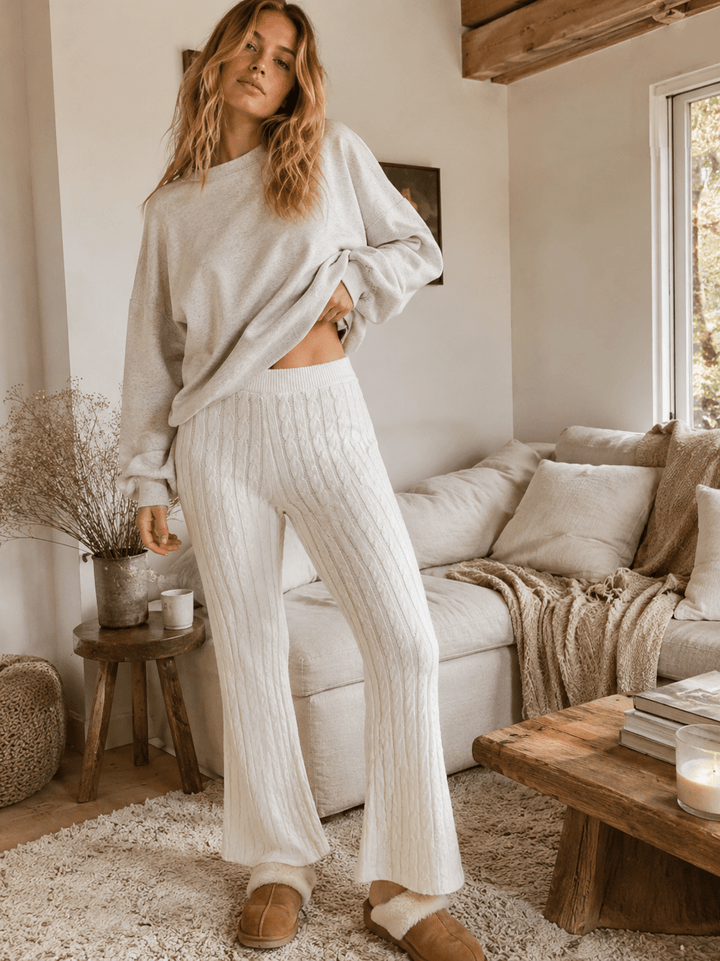 WOMEN'S ELASTIC WAIST CABLE KNIT RIBBED WIDE LEG PANTS